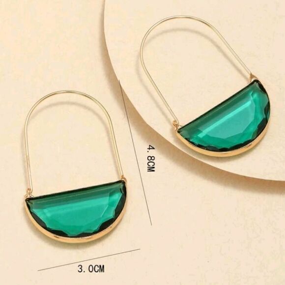 Green Glass Crescent Hoop Earrings - Picture 4 of 4